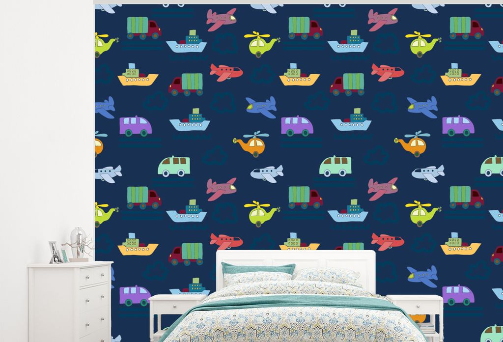 MuchoWow Fototapete für Wohnzimmer oder Schlafzimmer Wandtapete Vinyl Motivtapete Muster - Flugzeug - Boot - Lastwagen - Junge - Kinder - Kinder...