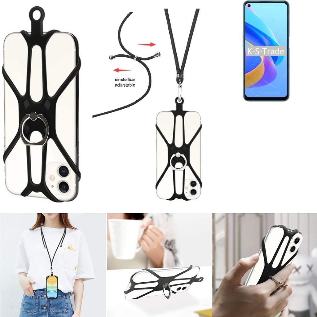 K-S-Trade 3in1 Handykette Handyband Handykordel Halsband Smartphone-Ring Handy-Ring kompatibel mit Oppo A76 Fingerhalterung Handyring Tischständer