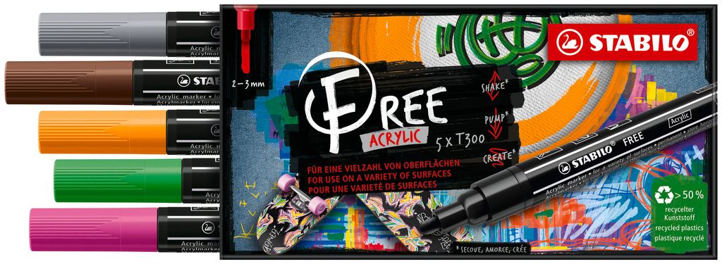Acrylmarker - STABILO FREE Acrylic - T300 Rundspitze 2-3mm - Vintage - 5er Pack - mit 5 verschiedenen Farben
