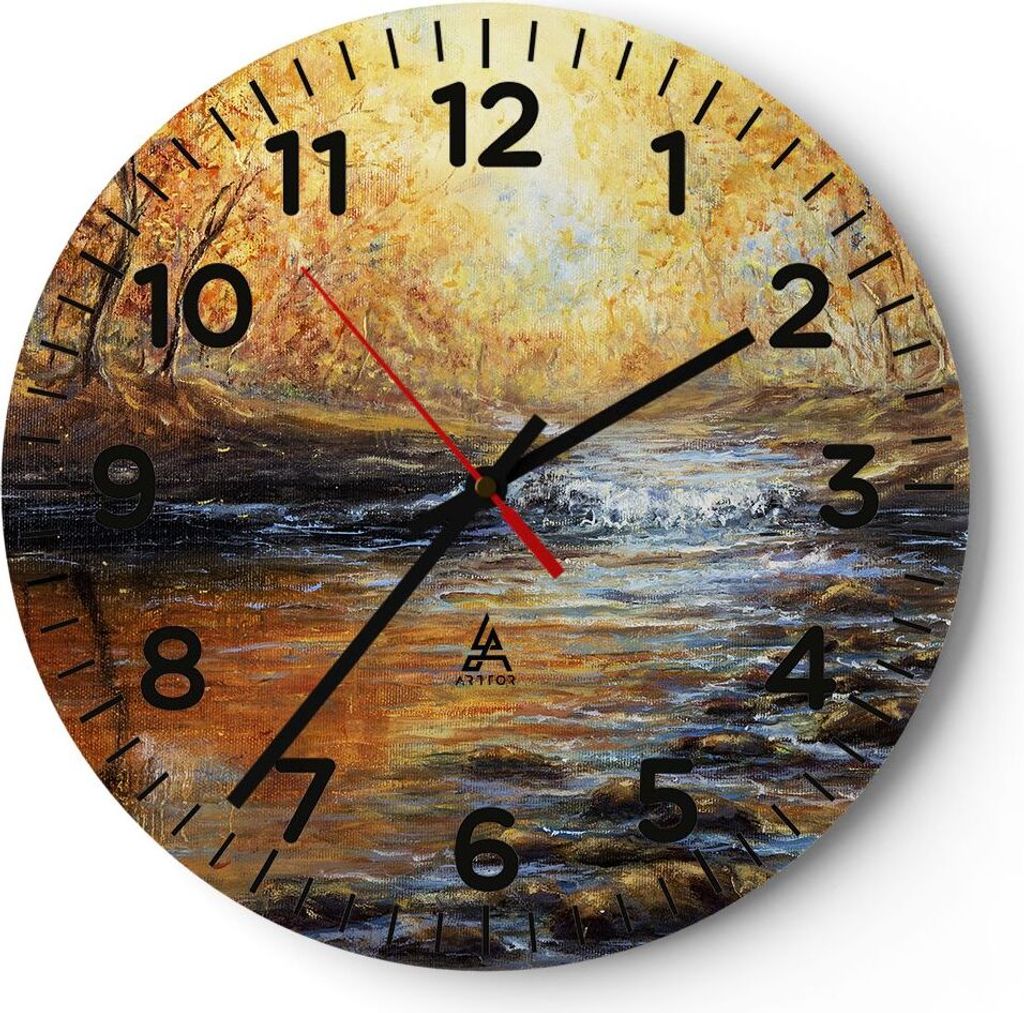 Wanduhr - Rund - Glasuhr - Bach Park Baum - 40x40cm - Schleichendes Uhrwerk - Lautlos - zum Aufhängen bereit - Dekoration Modern - Wanddekoration ...