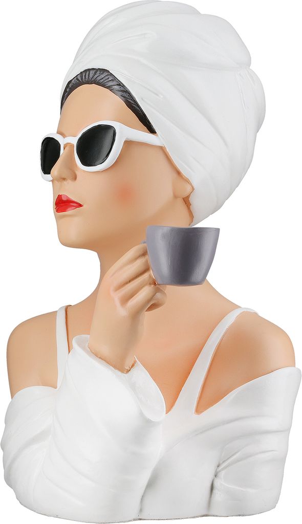 A bust of a woman wearing a white turban and sunglasses, holding a coffee cup.