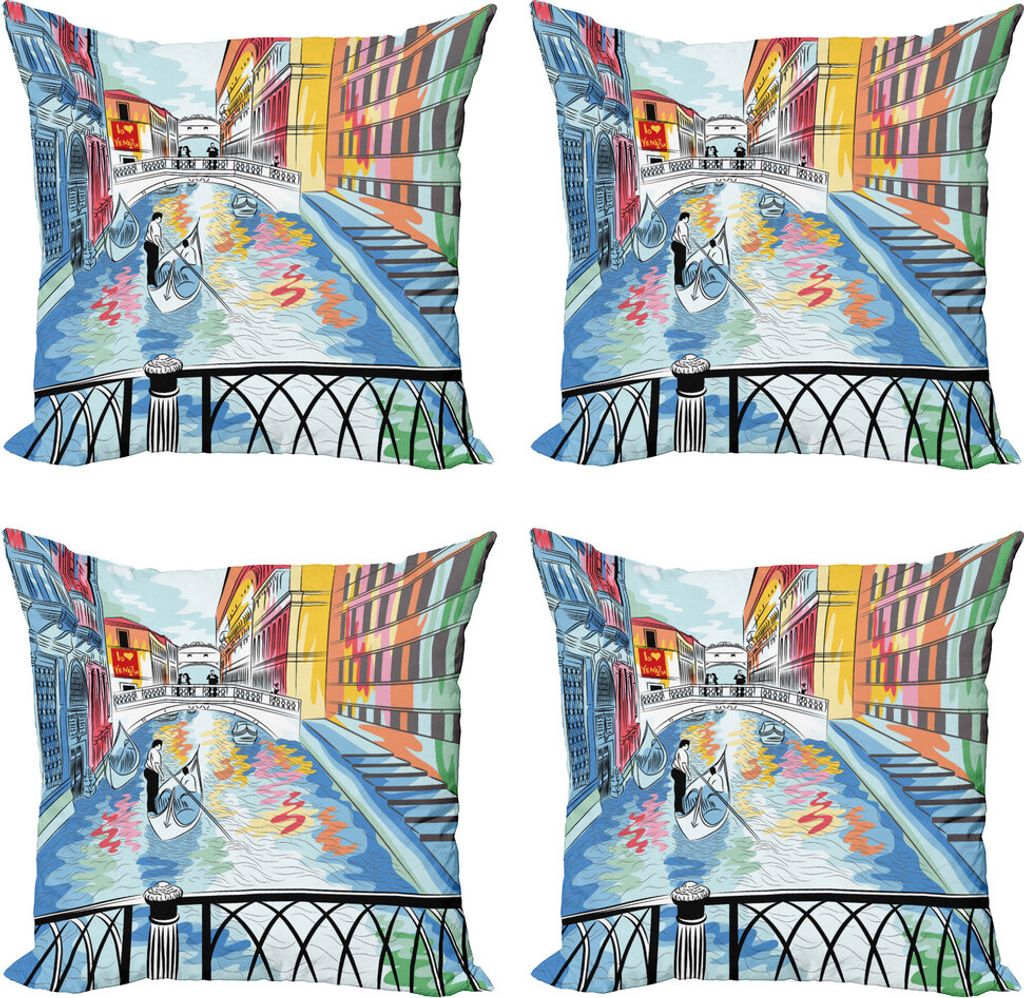 ABAKUHAUS Venedig Kissenbezug Set (4 Stück), Bunte Sketch-Brücke, Moderner Doppelseitiger Digitaldruck, 60 cm x 60 cm, Mehrfarbig