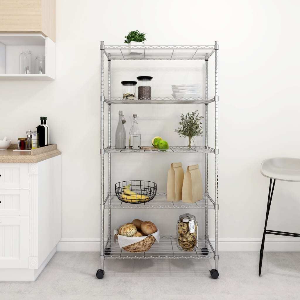 Möbel Lagerregal mit 5 Böden und Rollen 75x35x155 cm Chrom 250 kg - Lager- & Regalsysteme 324629