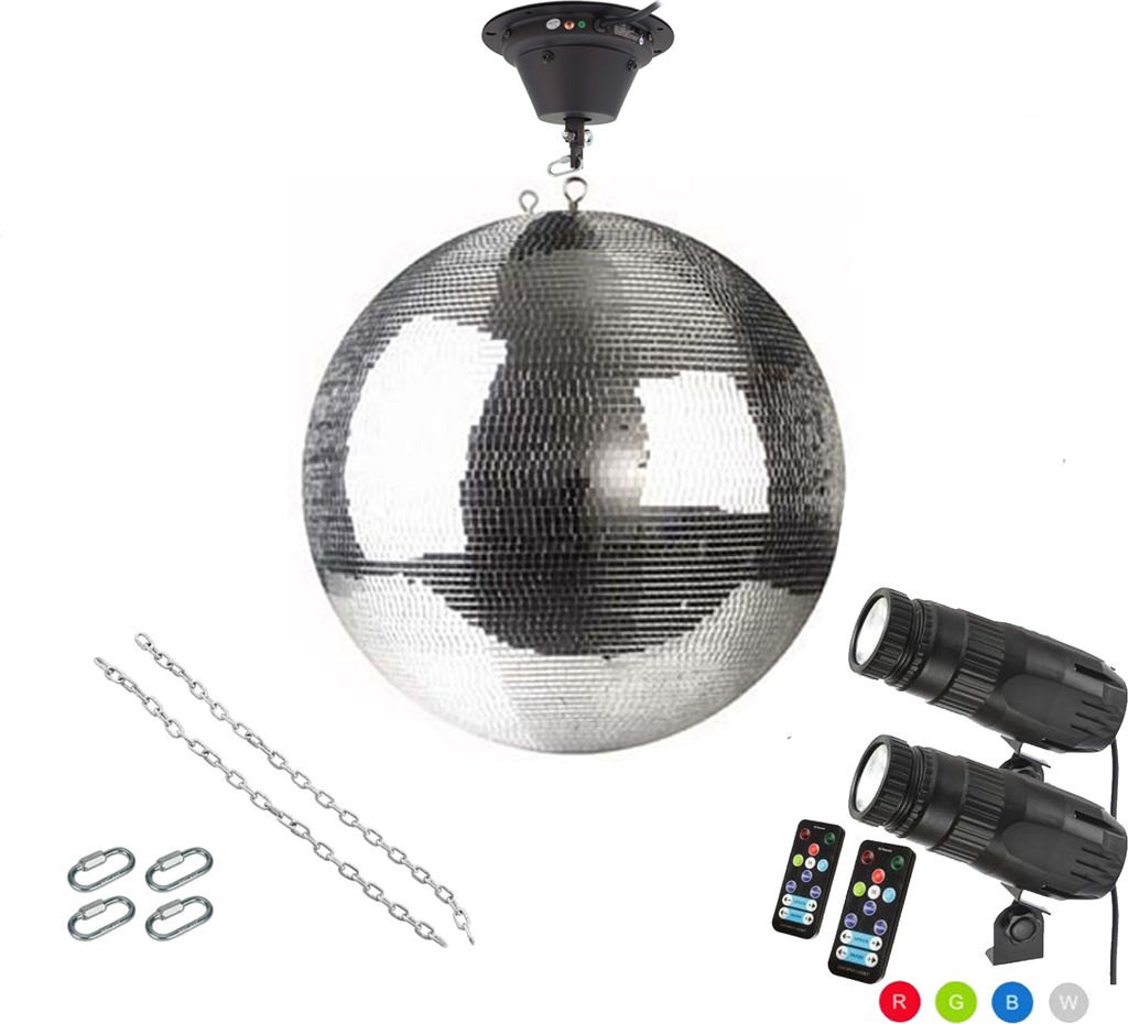 Spiegelkugel Komplettset 50cm mit Motor, 2 x 9W LED Pinspot (RGB) und Montagematerial PROFI