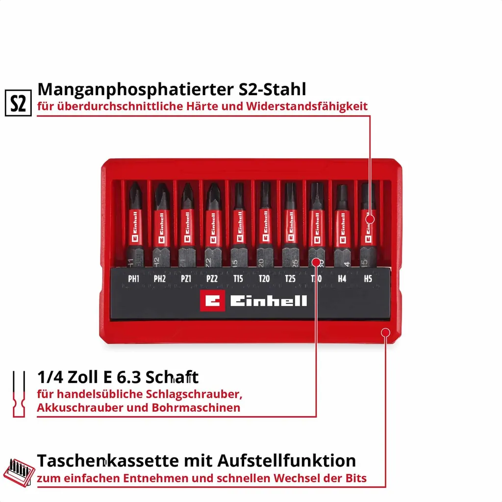 Einhell Impact Bit Set 10 Pezzi 118653 - Inserti Professionali S2 1/4 - 3