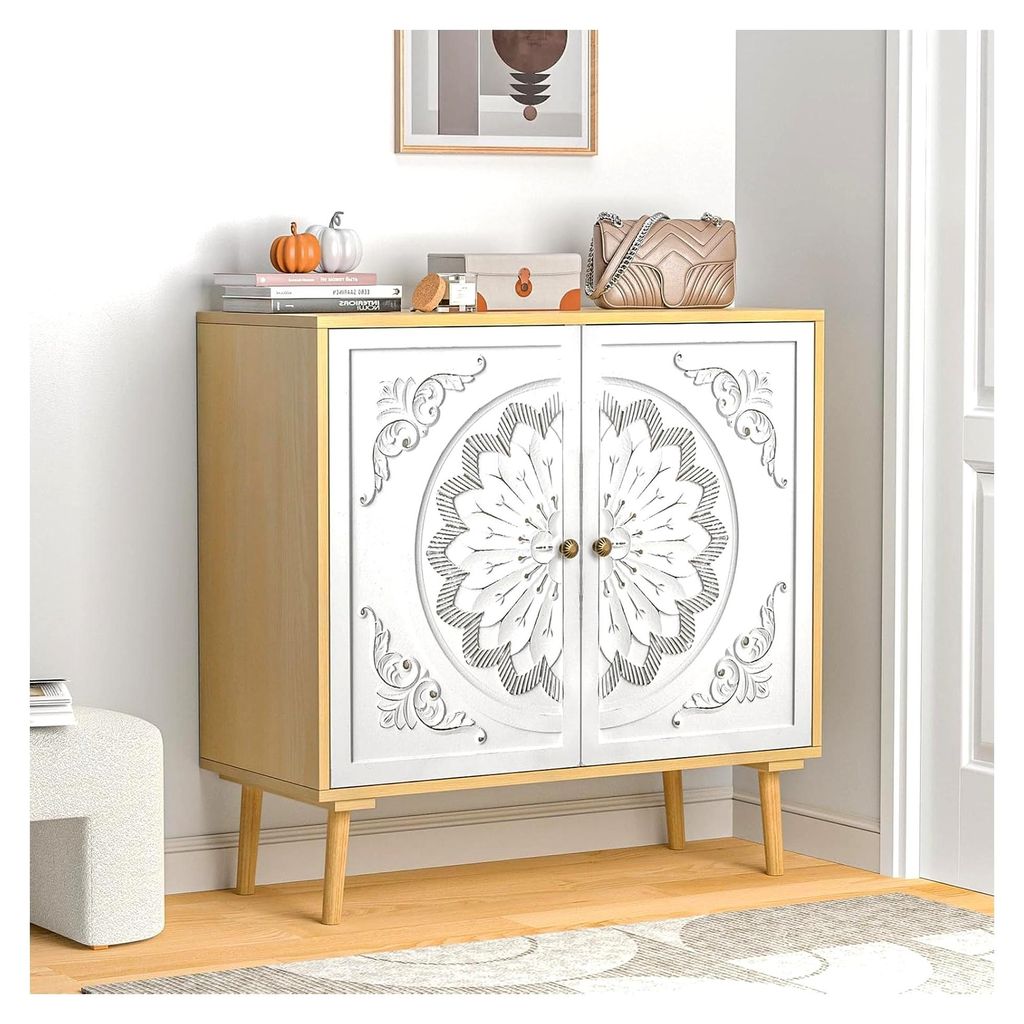 Holz Sideboard für Wohnzimmer und Küche, Küchenschrank mit verstellbaren Ablagen, Buffetschrank mit 2 geschnitzten Türen und Kippsicherung, Auf...