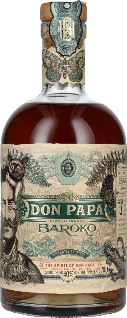 A bottle of Don Papa Baroko Rum.