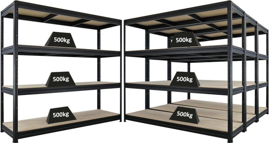 Mega Deal | 4x Schwerlastregal DINO | HxBxT 180x200x60cm | 4 Spanplatten-Ebenen 16mm | Fachlast 500kg | Schwarz