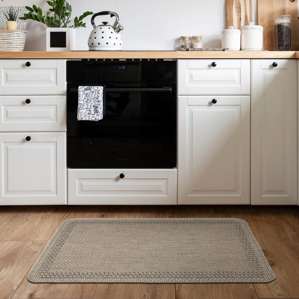 Wohnteppich Läufer - 68x114 cm - Rechteckig - Beige - Waschbar - Rutschfest - Küchenteppich - Rahmenmuster - ROMA