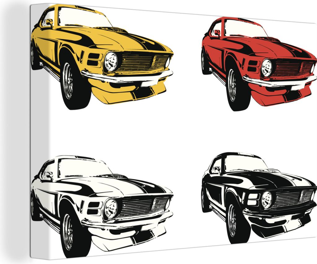 OneMillionCanvasses - Leinwandbilder - 140x90 cm, Vier Abbildungen von Muscle Cars in verschiedenen Farben, Wandbilder Kunstdruck Wanddekoration ...