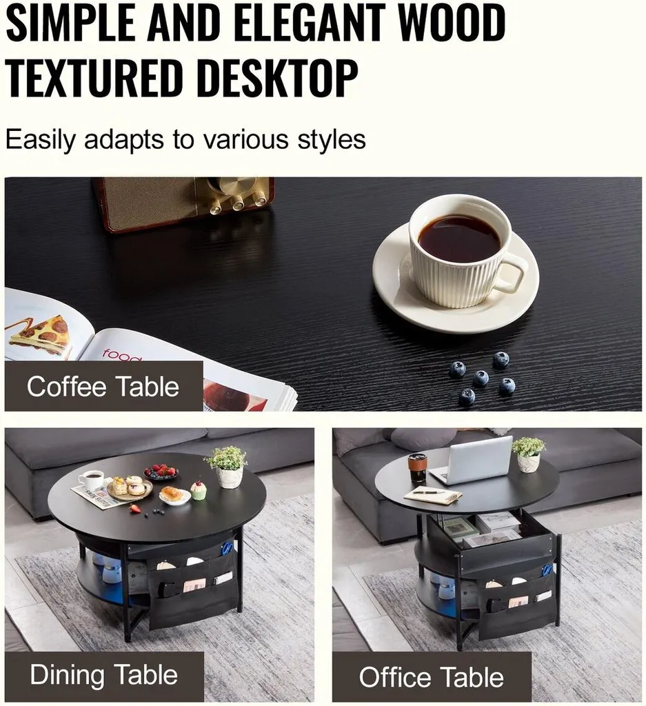 Table basse relevable ronde noire idéale pour dîner devant la télé