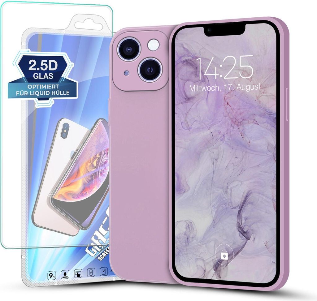 Hülle für iPhone 15 mit 9H Displayglas Displayschutz Plus Case Cover Bumper Silikon Softgrip Schutzhülle Farbe: Lila