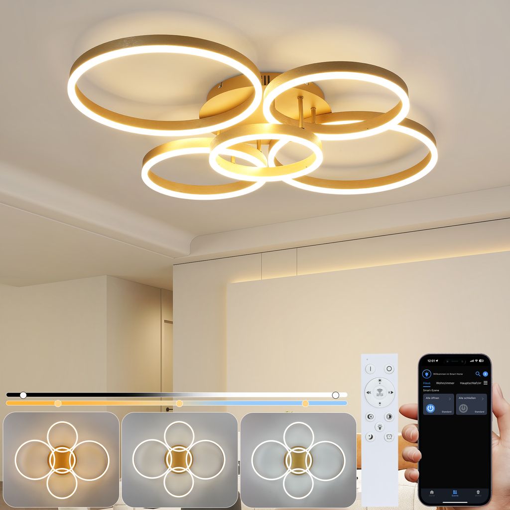 ZMH LED Deckenleuchte Wohnzimmer Deckenlampe Gold Dimmbar mit Fernbedienung 78W 5-Ringen Wohnzimmerlampe Schlafzimmerlampe Acryl Deckenbeleuchtung