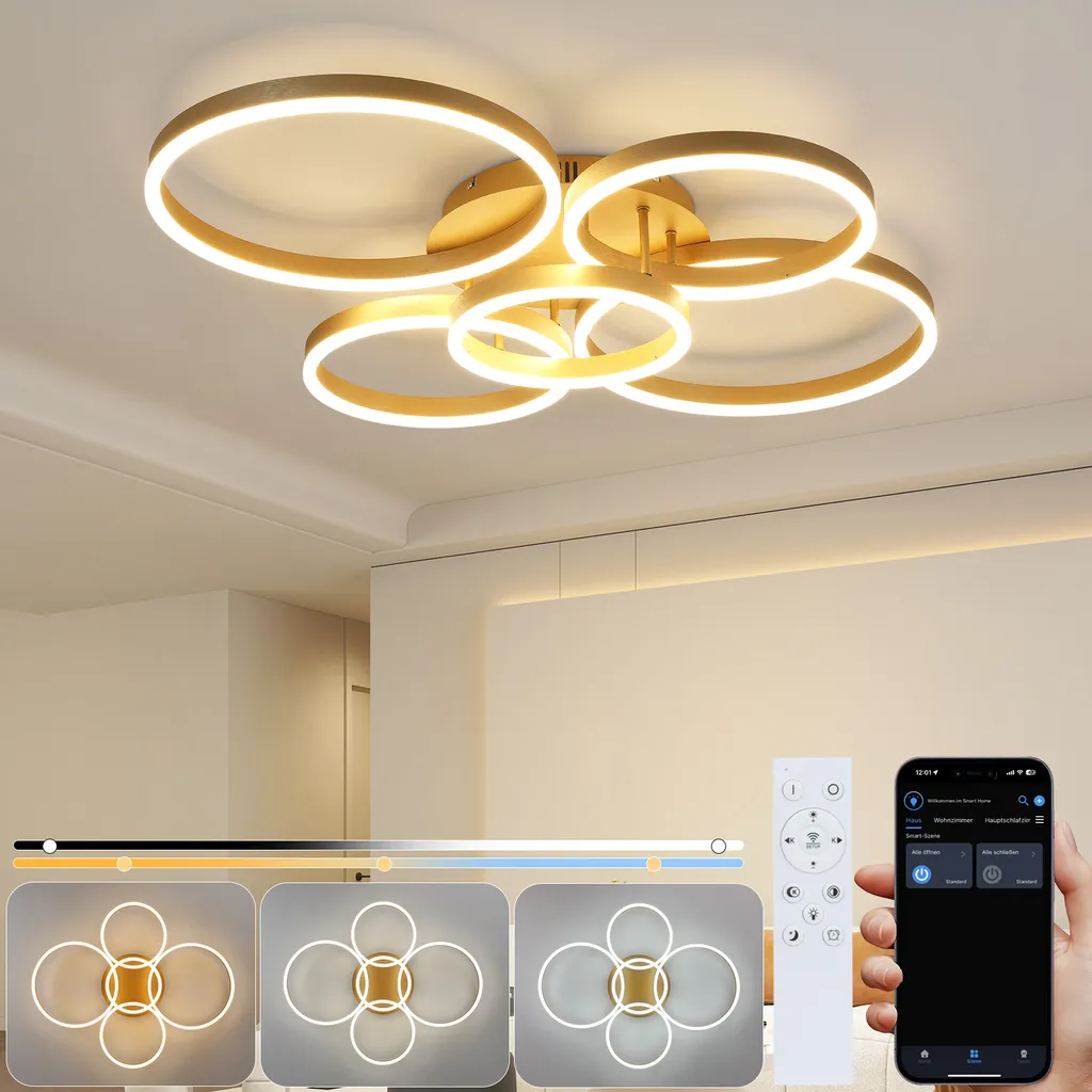 Grand Plafonnier LED Salon Or 78W Idéal pour Éclairage de Grande Pièce