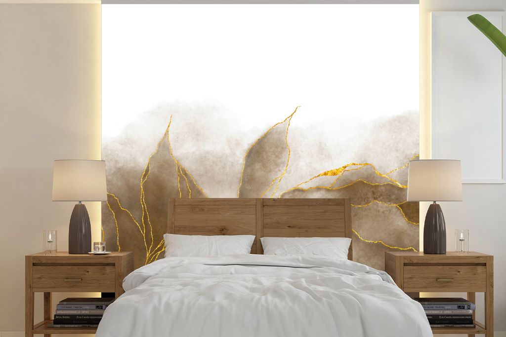 MuchoWow Fototapete für Wohnzimmer oder Schlafzimmer Wandtapete Vinyl Motivtapete Marmor - Gold - Braun - Textur - Marmoroptik - 300x300 cm - Wa...
