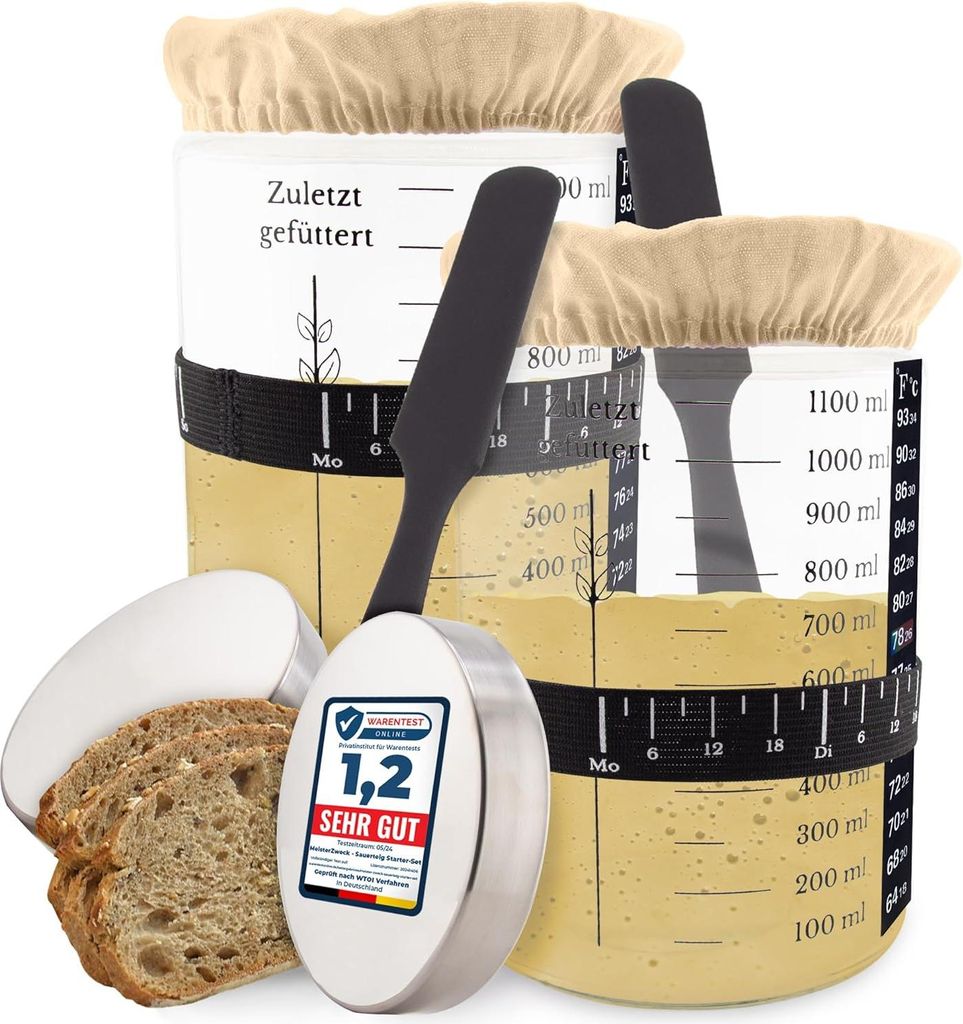 MEISTERZWECK4U Sauerteig Starter 2er Set, 1100ml Gärglas, Sauerteig Glas Behälter zum Brot backen - mit Stoffabdeckung, Thermometer, Fütterungsb...