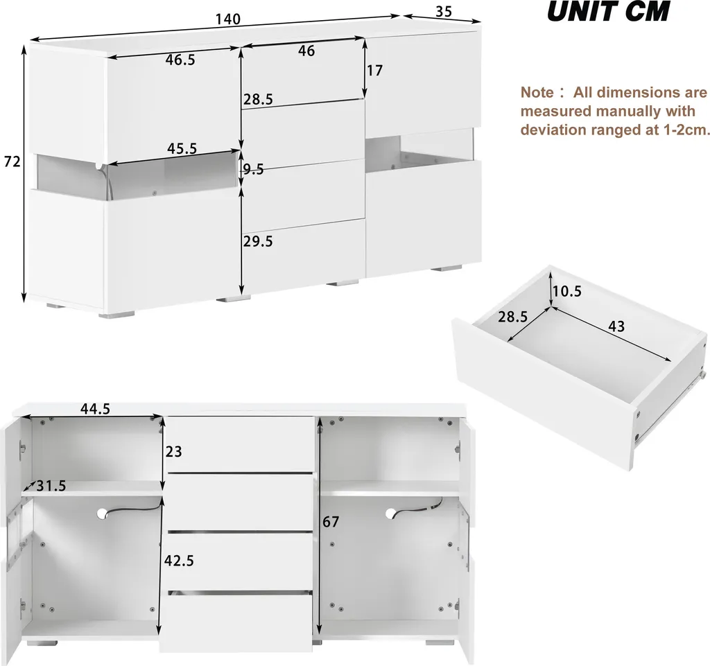 Commode LED 16 Couleurs Grand Rangement Buffet Bas Blanc Brillant - 7