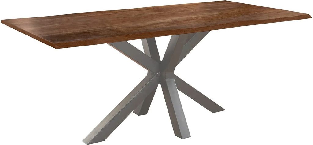 Esszimmertisch 280x100cm Toledo, echte Baumkante, Akazienholz nussbaumfarben, massiver Baumkantentisch mit Spider-Gestell Silber