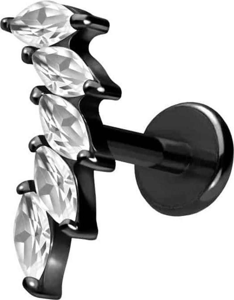 Ohrpiercing, Nasenpiercing Titan Labret mit Push Fit 5 EINGEFASSTE KRISTALLTROPFEN Schwarz Stablänge: 8mm | Stabstärke: 1mm