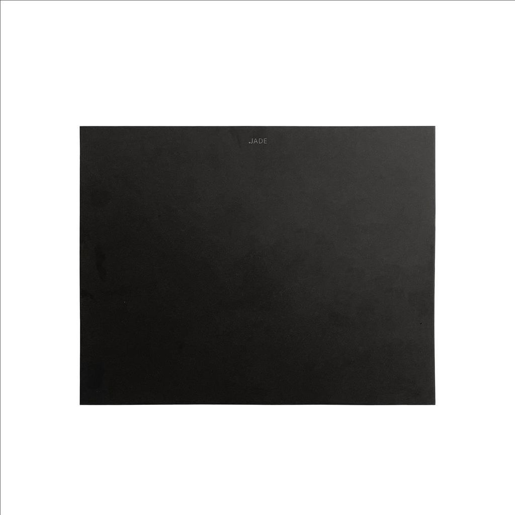 A black cutting board is shown on a white background.