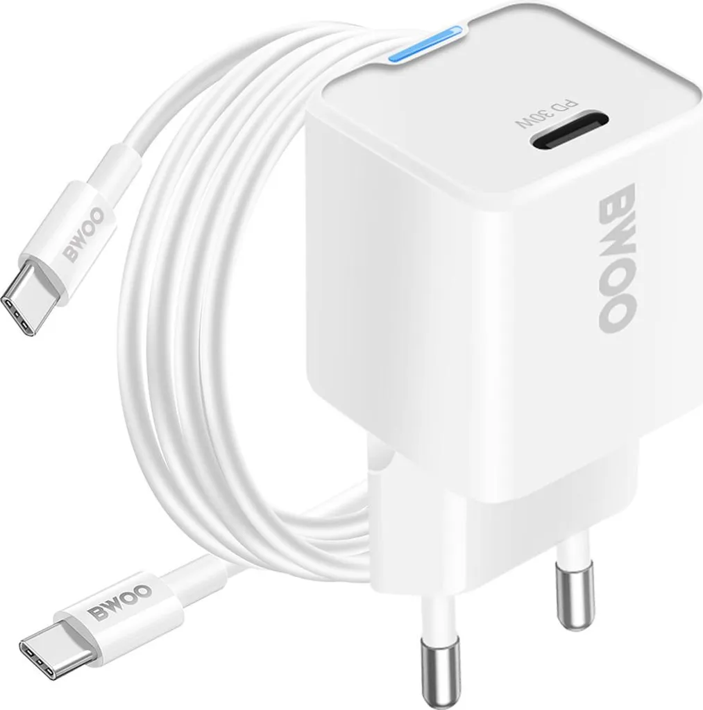 Offerta Kit Ricarica Bwoo 30W GaN USB-C | Bianco + Cavo 60W 1m