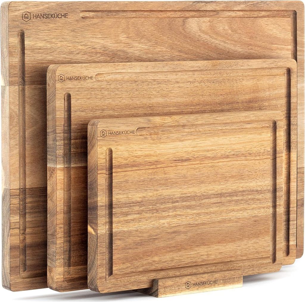 3-teiliges Set hochwertiger Akazienholz-Schneidebretter mit Saftgrube - große Holz-Küchenplatte XXL Schneidebrett-Set mit Halterung