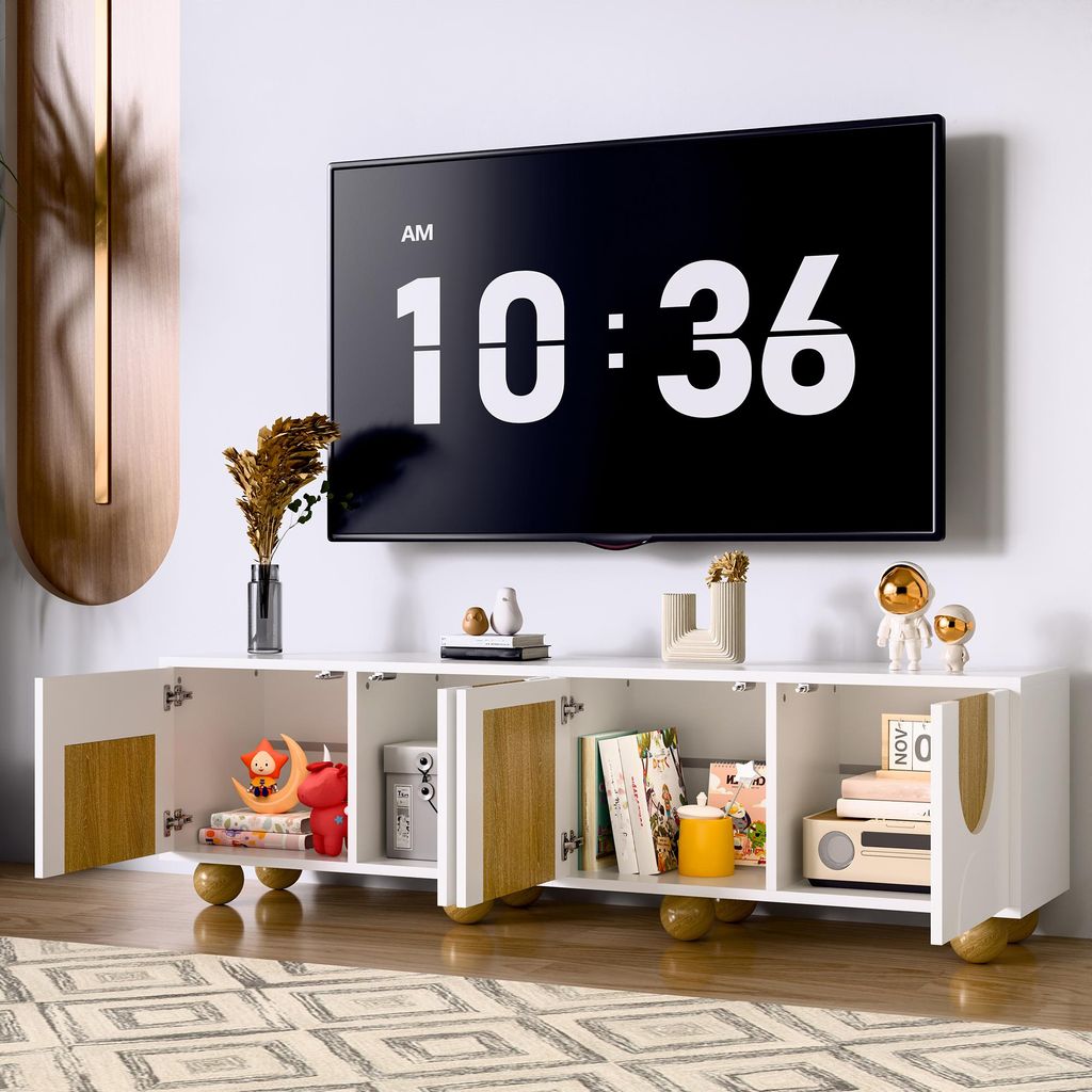 okwish TV-Schrank Fernsehschrank mit Vier separate Fächer und Runde Holzbeine,TV-Ständer Fernsehbank mit vier Türen und Vintage-Holzmaserung,Nat...
