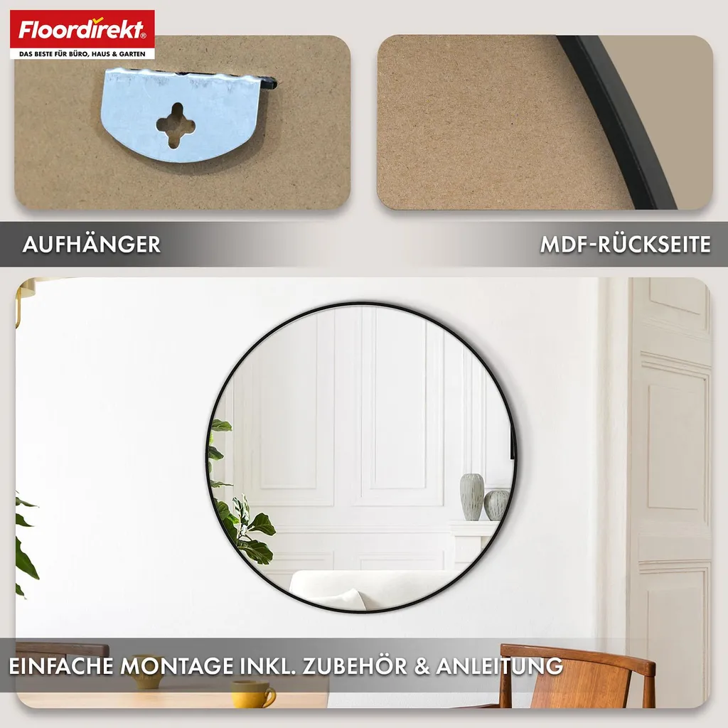 Floordirekt Specchio Rotondo Nero Da Parete 60 Cm Con Cornice In Alluminio – Per Bagno, Soggiorno E Ingresso