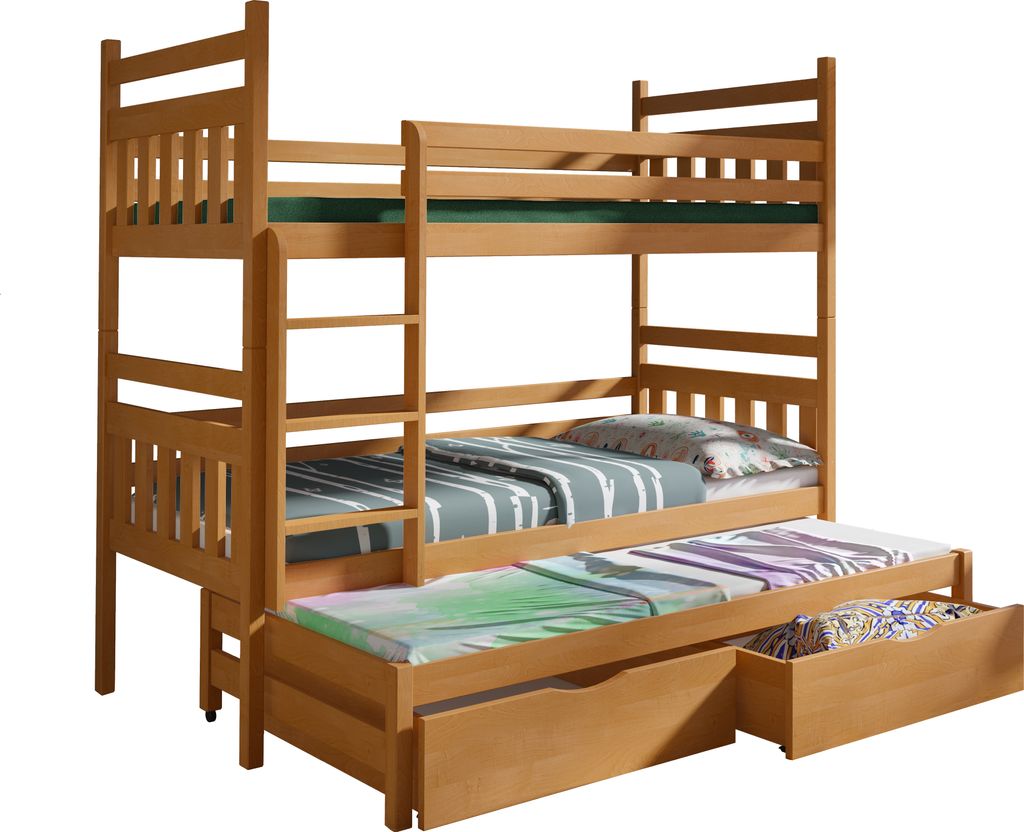 KEF Lena Etagenbett Kinder Etagenbett 3 Personen Holz Kinderbett mit Schubladen mit Matratze 80x190 cm Hellbraun