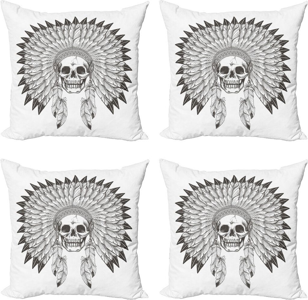 ABAKUHAUS Stammes Kissenbezug Set (4 Stück), Schädel, Moderner Doppelseitiger Digitaldruck, 40 cm x 40 cm, Charcoal Grau Weiß