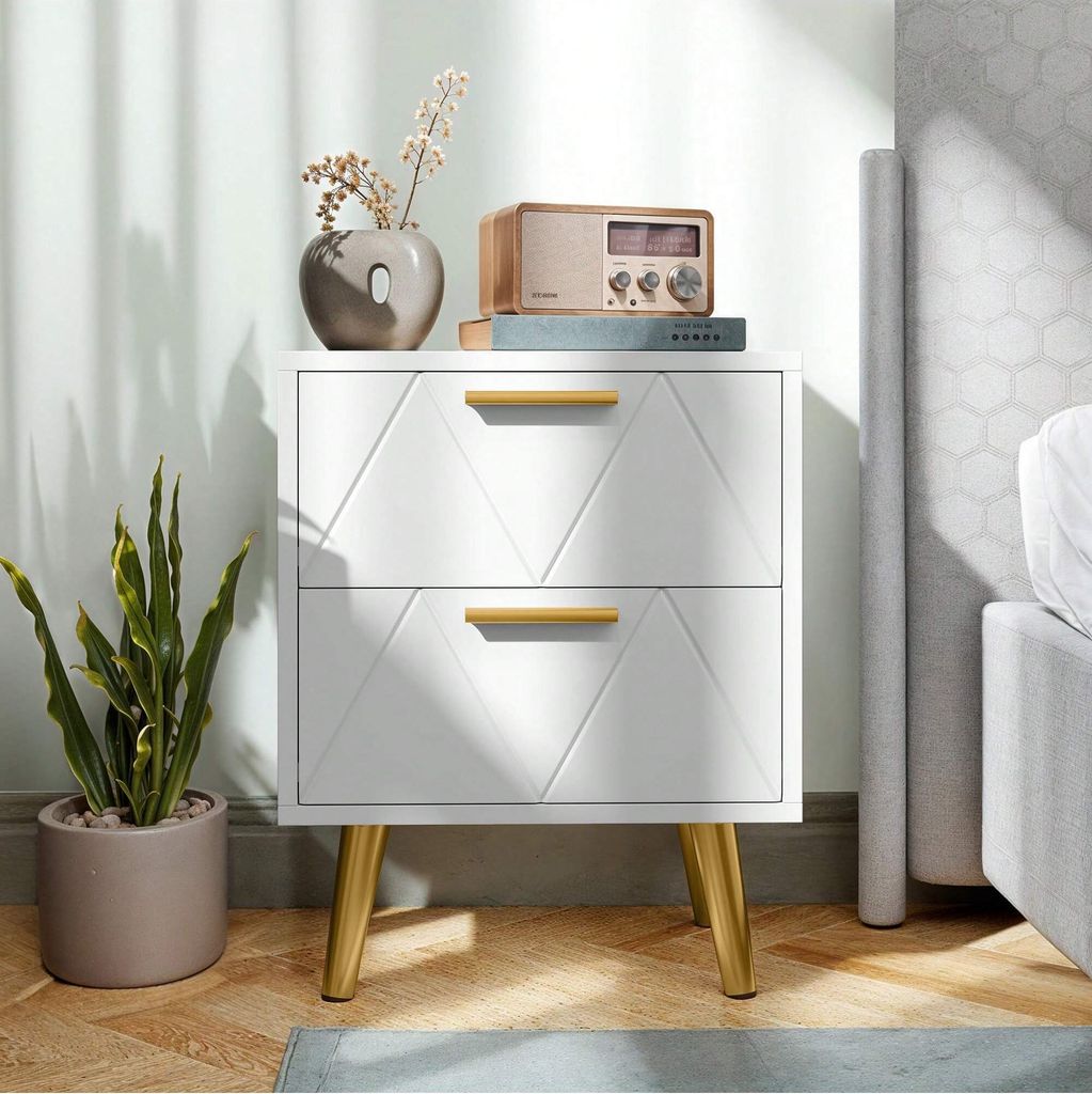 BALCONERA Nachttisch mit 2 Schubladen, 2 USB-Anschlüssen und 2 Steckdosen, Beistelltisch mit Goldenen Metallbeinen und Griffen, Weiß, 40x30x52cm