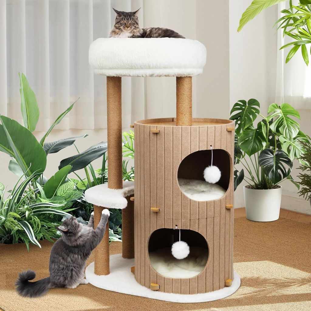Luxus Kratzbaum mit 2-stöckiger Kratztonne | Katzenbaum mit Katzenschlafhaus, Sisalbrett, abnehmbarem Bett & Spielball | Stabiles Katzenmöbel