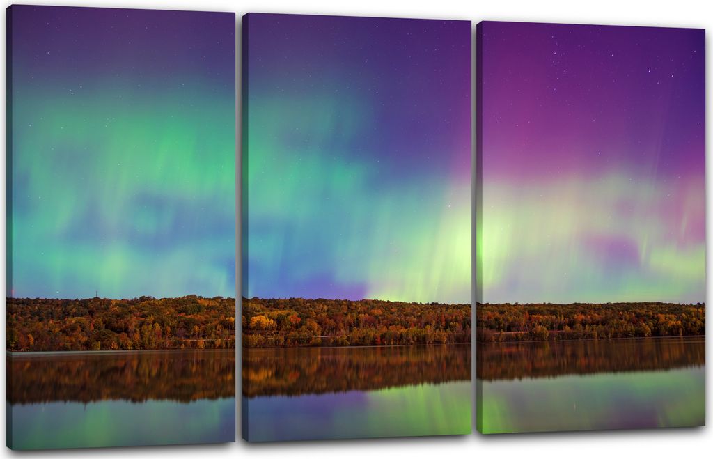 Leinwandbild 3-teilig (120x80cm): Lichtschauspiel mit vielen Farben am Horizont, echter Holz-Keilrahmen inkl. Aufhänger, handgefertigt in Deutschland