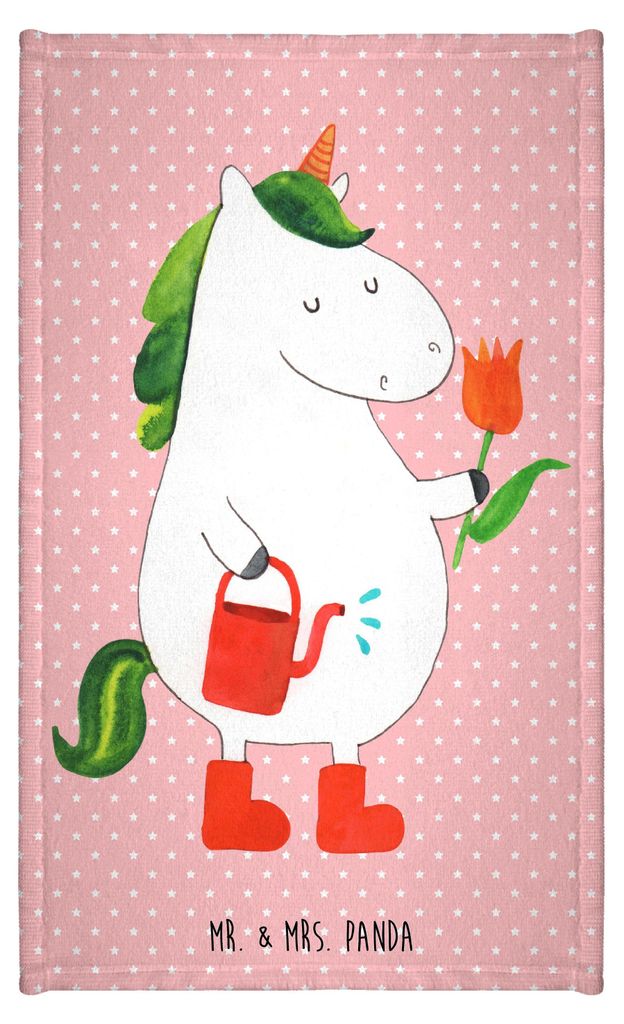 Mr. & Mrs. Panda Handtuch Einhorn Gärtner - Rot Pastell - Geschenk, Stiefel, Luftballon, Einhörner, Freude, Gästetuch, Frotteehandtuch, Unicorn,...