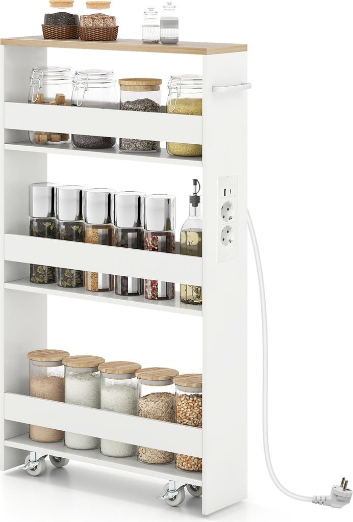 COSTWAY Nischenwagen, 4 Etagen Küchenwagen schmal mit Ladestation, Nischenregal, Servierwagen mit Griff & Geländern, Badregal Holz, Weiß+Natur