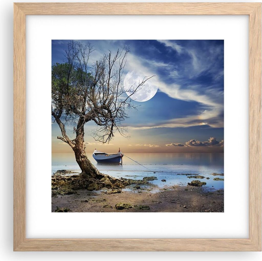 Gerahmtes Poster - Rahmen in heller Eiche - Nacht Mond Boot - 30x30 cm - Wand Bild - Wanddeko - Wandbilder - Kunstposter - Wandposter - Bilderrahme...