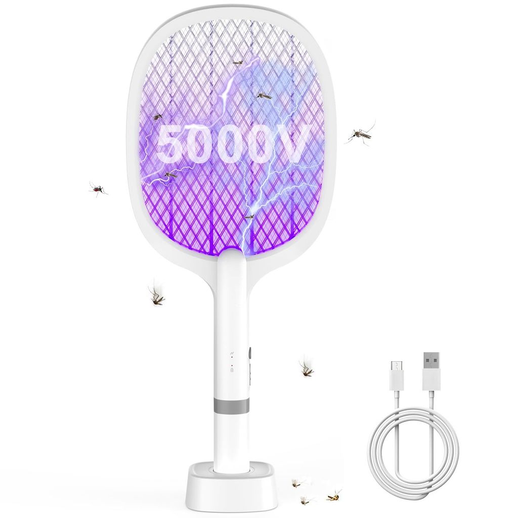 Electric Elektrische Fliegenklatsche 5000V, Extra Stark Fliegenklatsche Elektrisch, 2 in 1 USB Typ-C Elektro Mückenklatsche mit Akku Aufladbar& UV