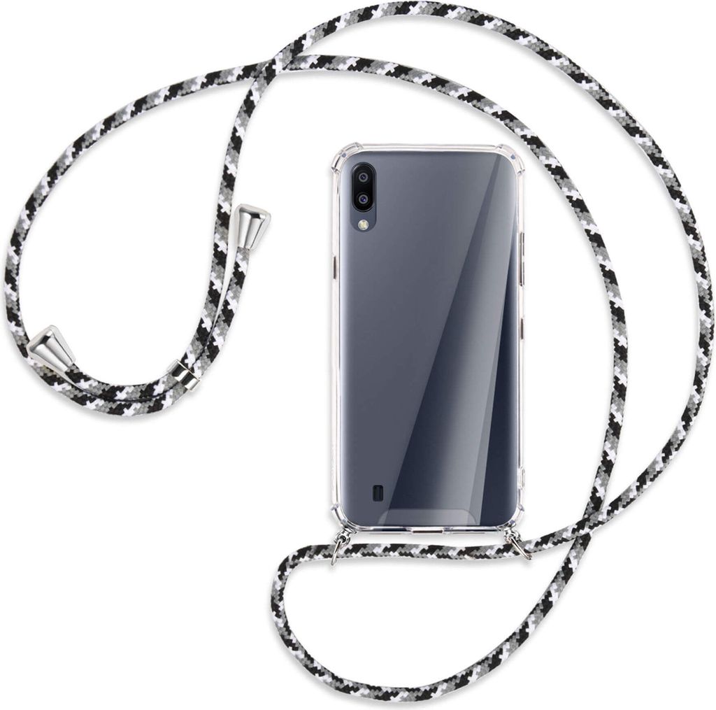 Handykette Backcover-Schutzhülle mit Band (Metall silberfarben) für Samsung Galaxy A10 - schwarz/grau/weiß