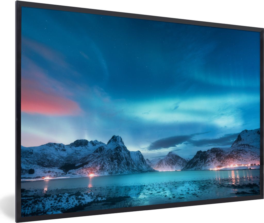 MuchoWow MuchoWow Gerahmtes Poster Nordlichter - Schnee - Berg - Nacht 60x40 cm - Poster mit zchwarzem Bilderrahmen - Printing - Wanddeko Schla...
