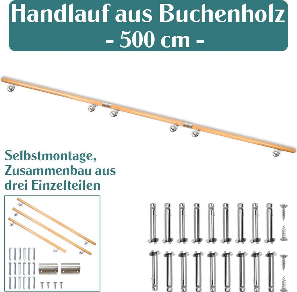 Buche Holz Handlauf Treppengeländer Geländer für Treppe Wandhandlauf Wand seitliche Montage Auswahl Länge 50 - 500 cm, Länge:500 cm