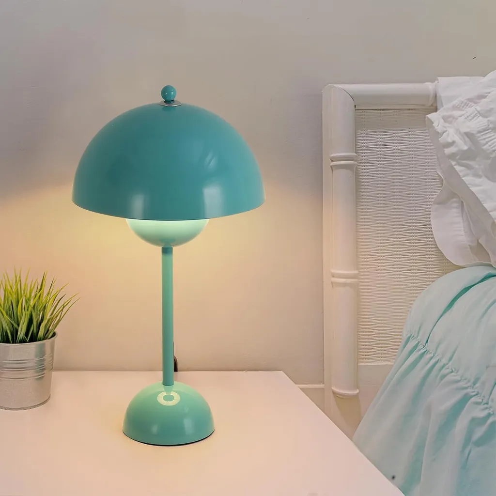 Lampe de table champignon bleu turquoise métal E27 - Design céleste 34cm - 3