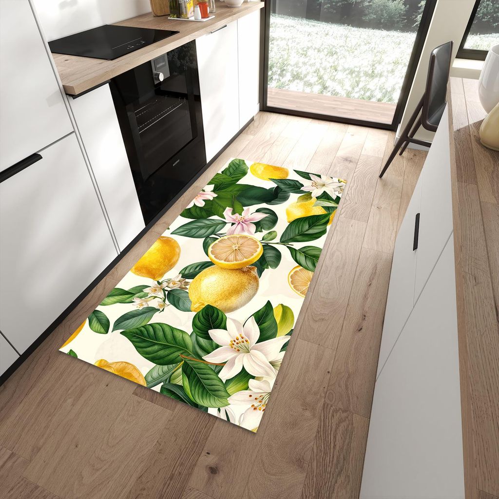 Küchenteppich 90x180cm rutschfest & abwischbar PVC Läufer - Zitronenblumen