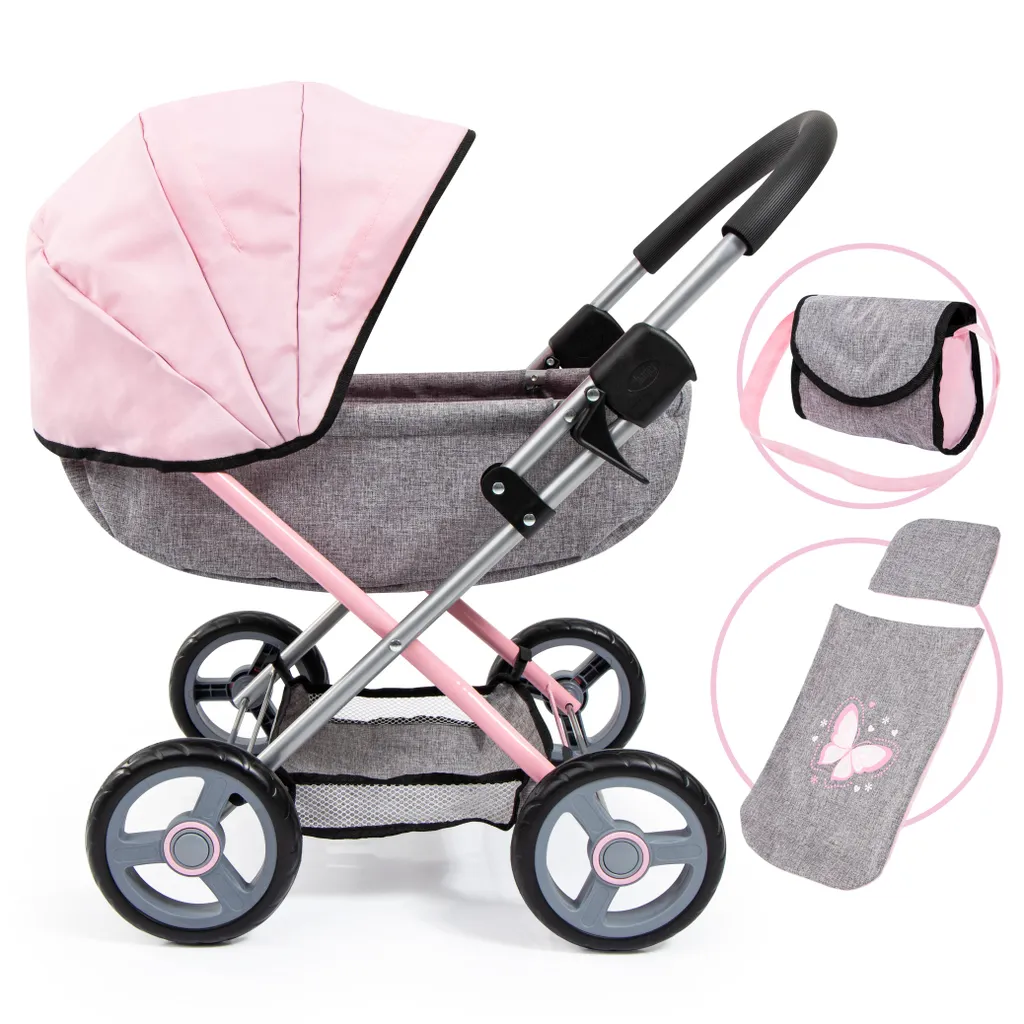 Landau de poupée Cosy avec accessoires de couchage et sacoche rose grise