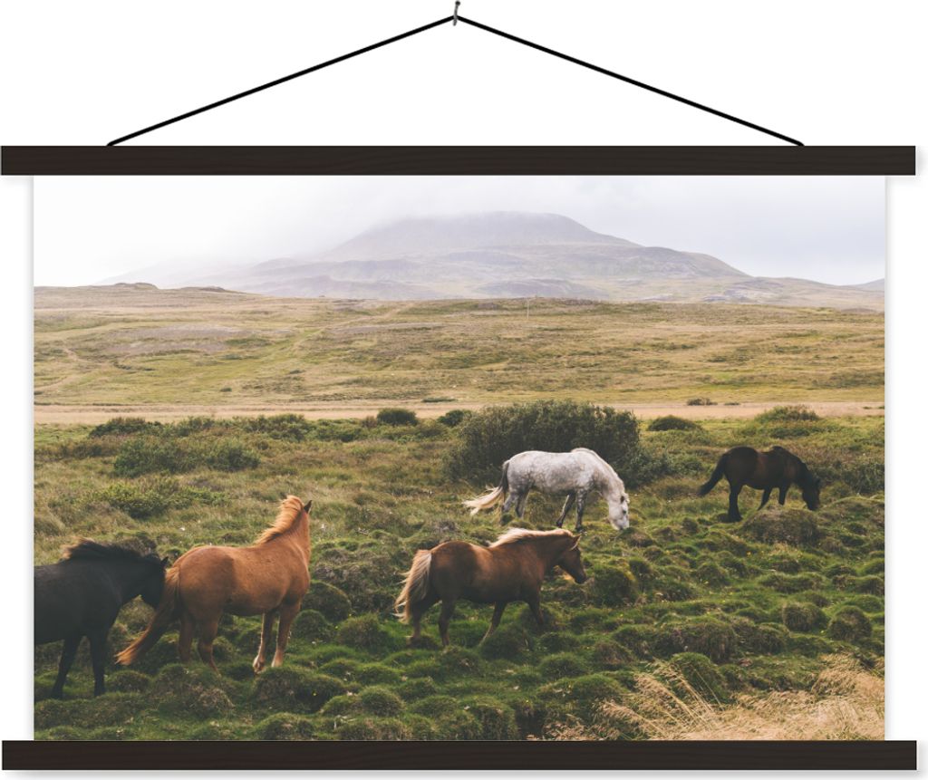 MuchoWow Textilposter Pferde - Island - Braun 60x40 cm mit schwarzem Rahmen - Hölzernes