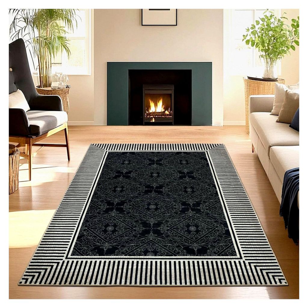 Teppich 120×180 cm Waschbar, Schwarz Weiß Gestreift, Rutschfest, Kurzflor Weich für Schlafzimmer, Boho Faux Wool Teppich für Esszimmer, Küche,...