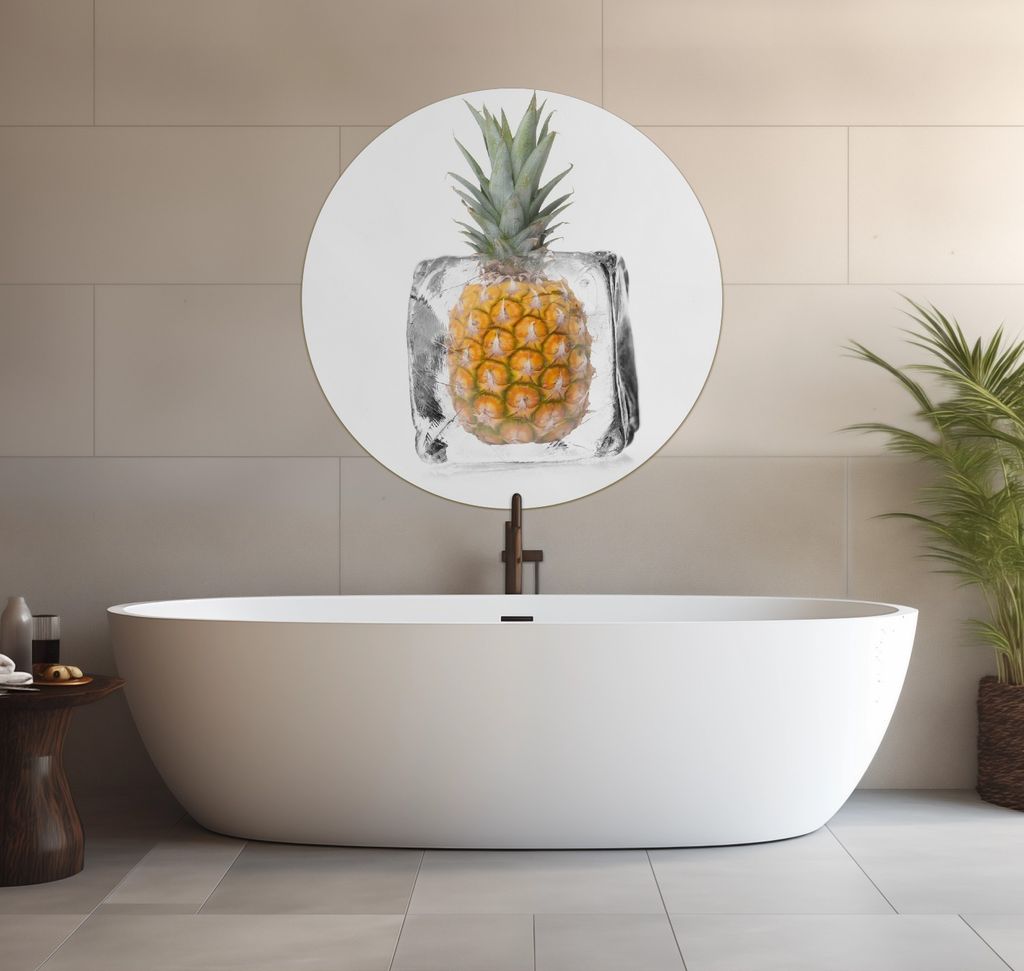 Wallario wasserfestes Poster selbstklebend 90 x 90 cm, Ananas in Eiswürfel - Eiskaltes Obst, Badezimmerposter Spritzschutz mit Hochglanzoberfläch...