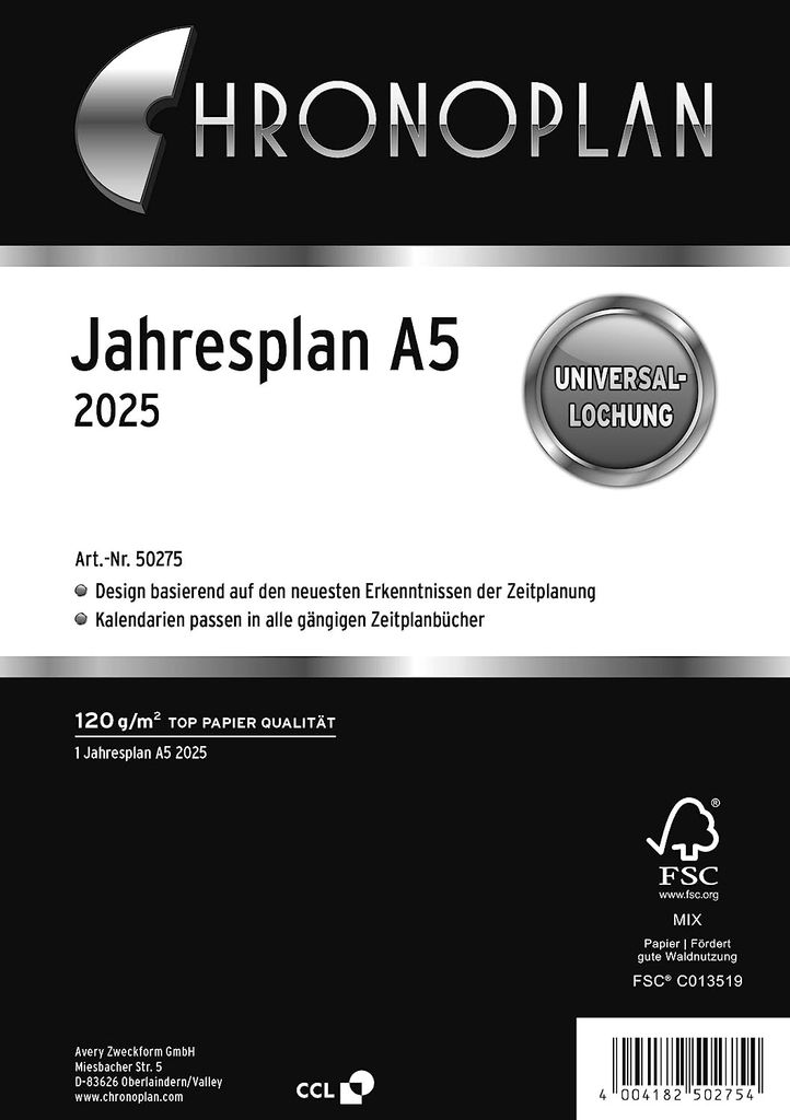 CHRONOPLAN Kalendereinlage 2025 Jahresplan A5 Produktbild 