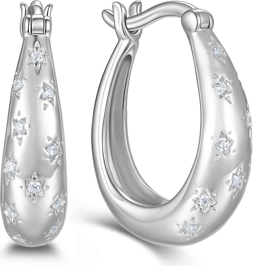 New Bling 9NB-1731 –– 925er Silber-Ohrringe für Damen – Blumenmuster – rhodiniert – Zirkonia – Creolen – elegant