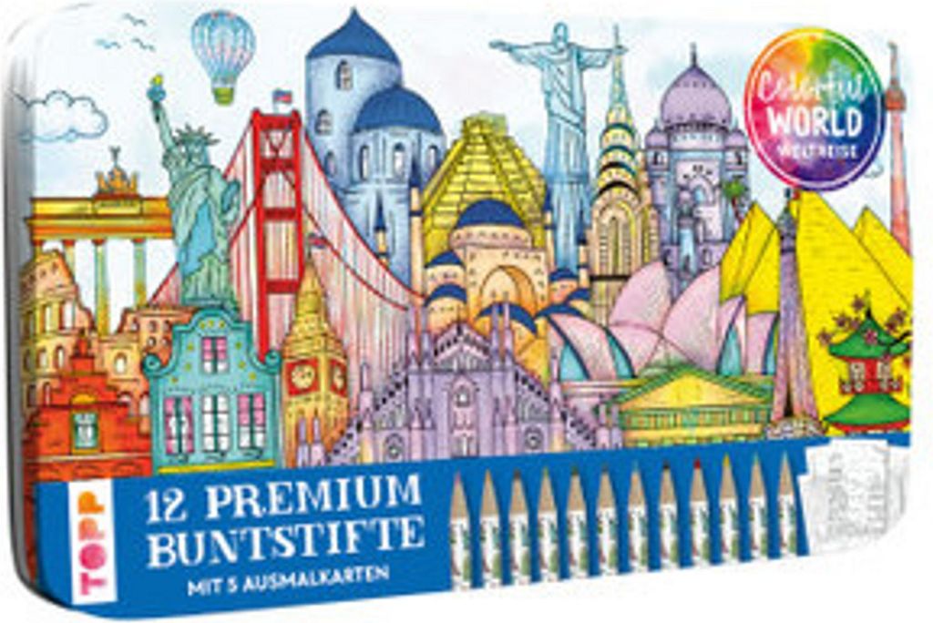 Colorful World Weltreise Designdose mit 12 Buntstiften