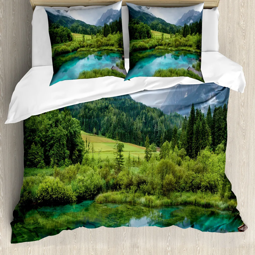 ABAKUHAUS Copripiumino paesaggio, Zelenci Pond Slovenia, antiacaro, adatto a chi soffre di allergie, con federe, 200 cm x 200 cm - 80 x 80 cm, verde acquamarina